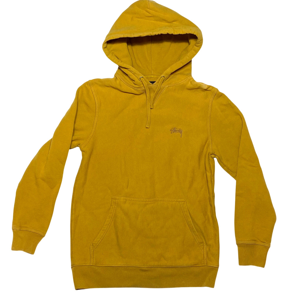 Stussy Mustard Yellow Hoodie Sweater Embroidered Logo Mens Small